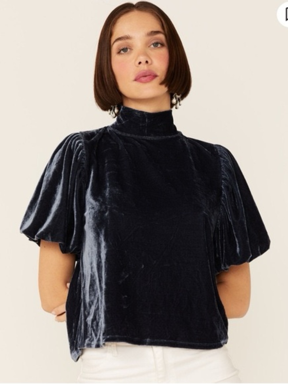 Free People Claudia Puff Short Sleeve Velvet Top Blouse Midnight Blue XS